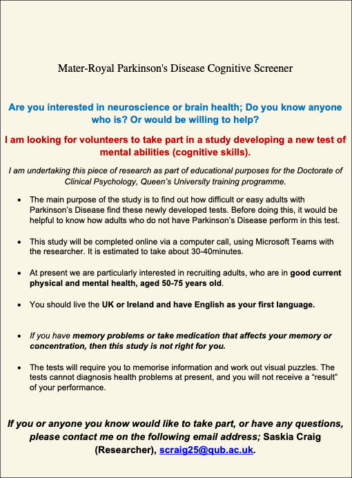I am looking for adults (who do not have a diagnosed neurological condition) to take part in the second Phase of my Doctorate of Clinical Psychology research. If you or anyone you know are interested, please email me. Thank you!!