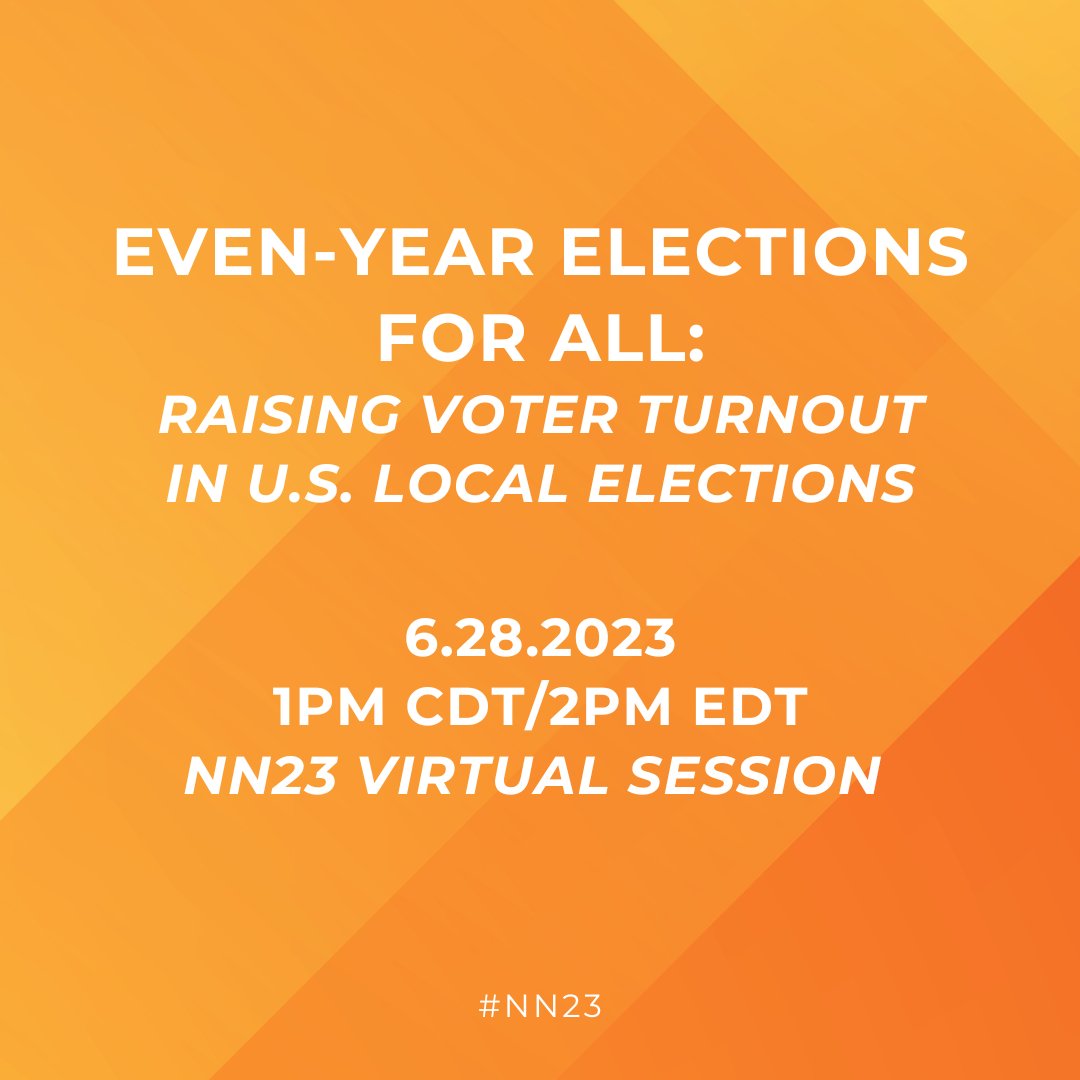 Netroots Nation (@netroots_nation) on Twitter photo Odd-year local elections = turnout problems.
But a growing movement has a solution.
This #NN23 virtual session w <a href="/nwprogressive/">Northwest Progressive Institute</a> <a href="/CastellanoChels/">Chelsea Castellano</a> <a href="/kathayccc/">Kathay Feng</a> Zoltan Hajnal & <a href="/markarian_g/">G Agustin Markarian</a> looks @ 13 even-year measures from 2022 & strategies to pass more.
bit.ly/evenyear6_28 Odd-year local elections = turnout problems.
But a growing movement has a solution.
This #NN23 virtual session w <a href="/nwprogressive/">Northwest Progressive Institute</a> <a href="/CastellanoChels/">Chelsea Castellano</a> <a href="/kathayccc/">Kathay Feng</a> Zoltan Hajnal & <a href="/markarian_g/">G Agustin Markarian</a> looks @ 13 even-year measures from 2022 & strategies to pass more.
bit.ly/evenyear6_28