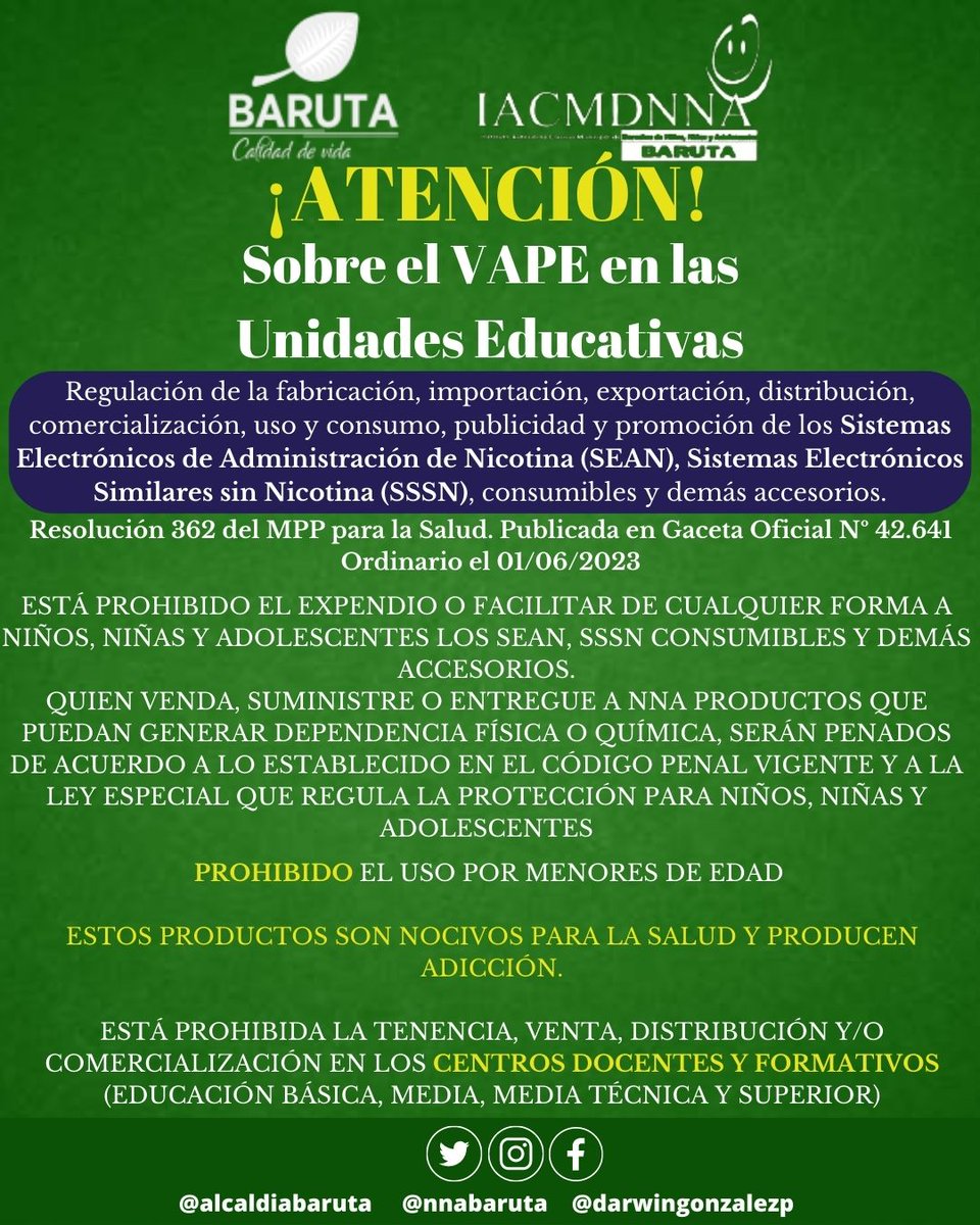 nnabaruta's tweet photo. ¡Atención!

Información sobre el uso de Vapes en las Unidades Educativas https://t.co/n30FdDPx6R