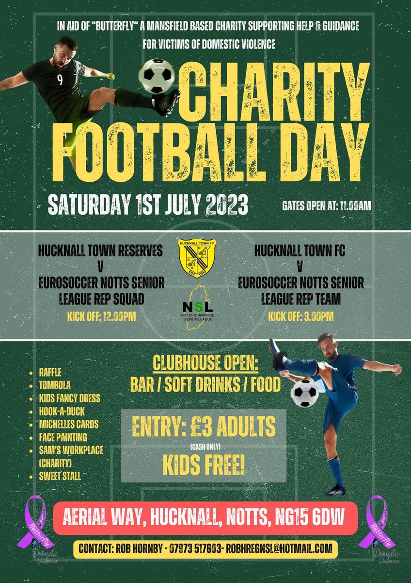 PLS RT: 5 days to go, please come along to the double header and support a good cause in BUTTERFLY. Over 70 raffle prizes and 80+ on the tombola. 2 Football Matches, gates open at 11am @HucknallTownFc only £3 cash only on gate @DispatchDaily @HucknallNub @BBCNottingham @bbcemt
