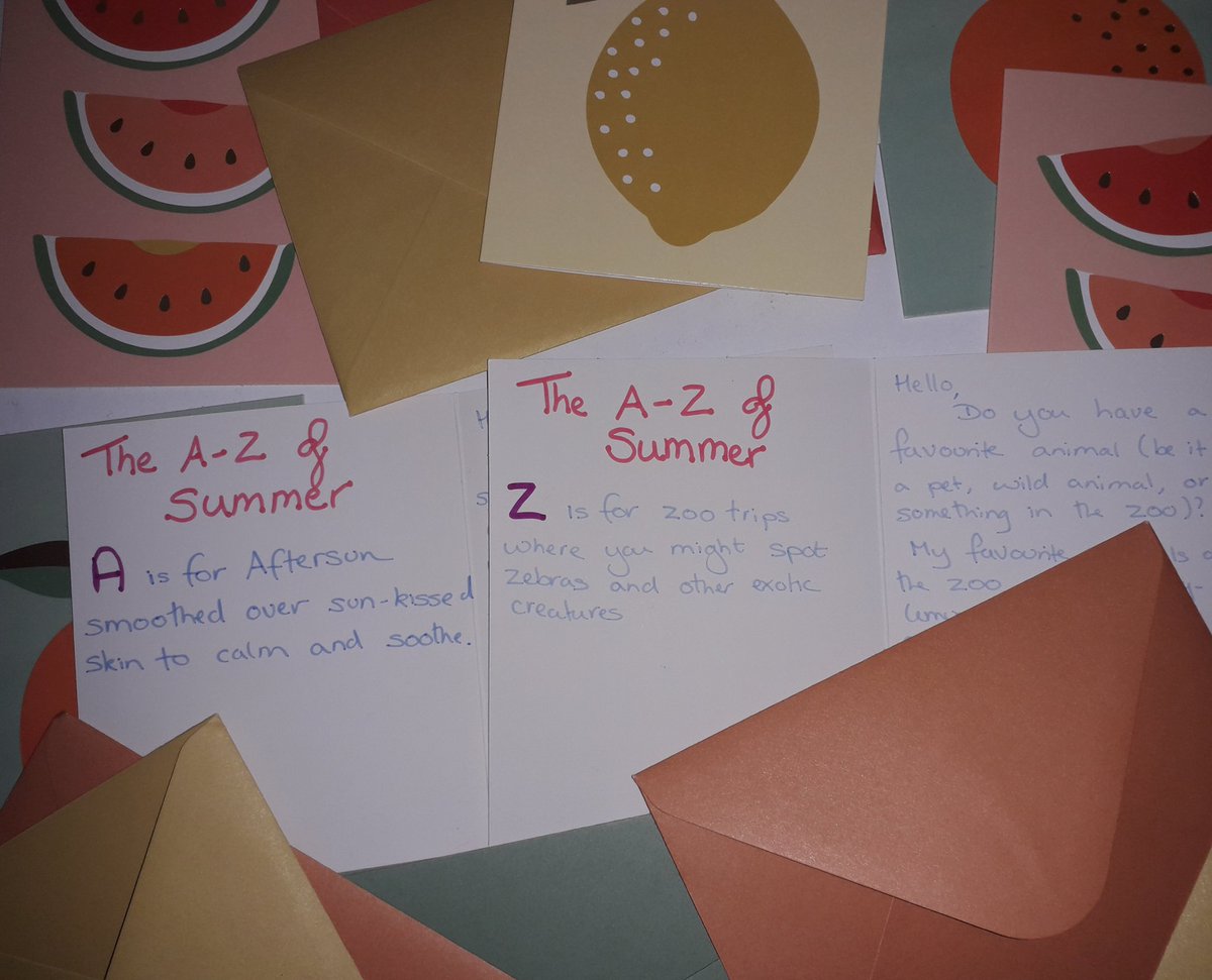Smrobinson21's tweet photo. I've written an A-Z of summer, so that's 26 cards for @frommetoyou01 to share some summer cheer with people experiencing cancer. Inspired by @thelizmaguire and #JottingForJune https://t.co/d0dyv62911