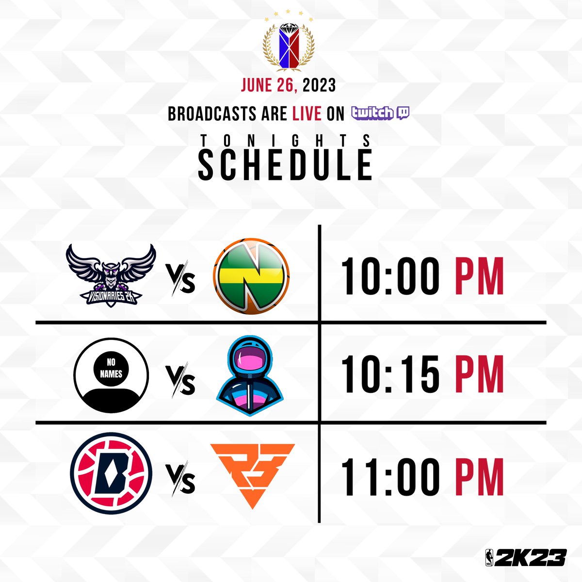 🗓 𝗧𝗼𝗻𝗶𝗴𝗵𝘁𝘀 𝗦𝗰𝗵𝗲𝗱𝘂𝗹𝗲

⏳ 22:00 CET

🇪🇺 <a href="/Visionaries2K/">Visionaries2K</a> vs <a href="/LaNewTeamB/">LaNewTeam Basketball</a> 🇫🇷
🖥 twitch.tv/pontuzhultin

⏳ 22:15 CET

🇫🇷 <a href="/NoNameSquads/">No Name Squad</a> vs <a href="/Galaxy_2K_/">Galaxy 2k</a> 🇪🇸
🖥 kick.com/miilo-tf

⏳ 23:00 CET

🇩🇪 @BayernBallers vs <a href="/RambootClub/">Ramboot Club</a> 🇪🇸
🖥 twitch.tv/IKostaGoatedI
