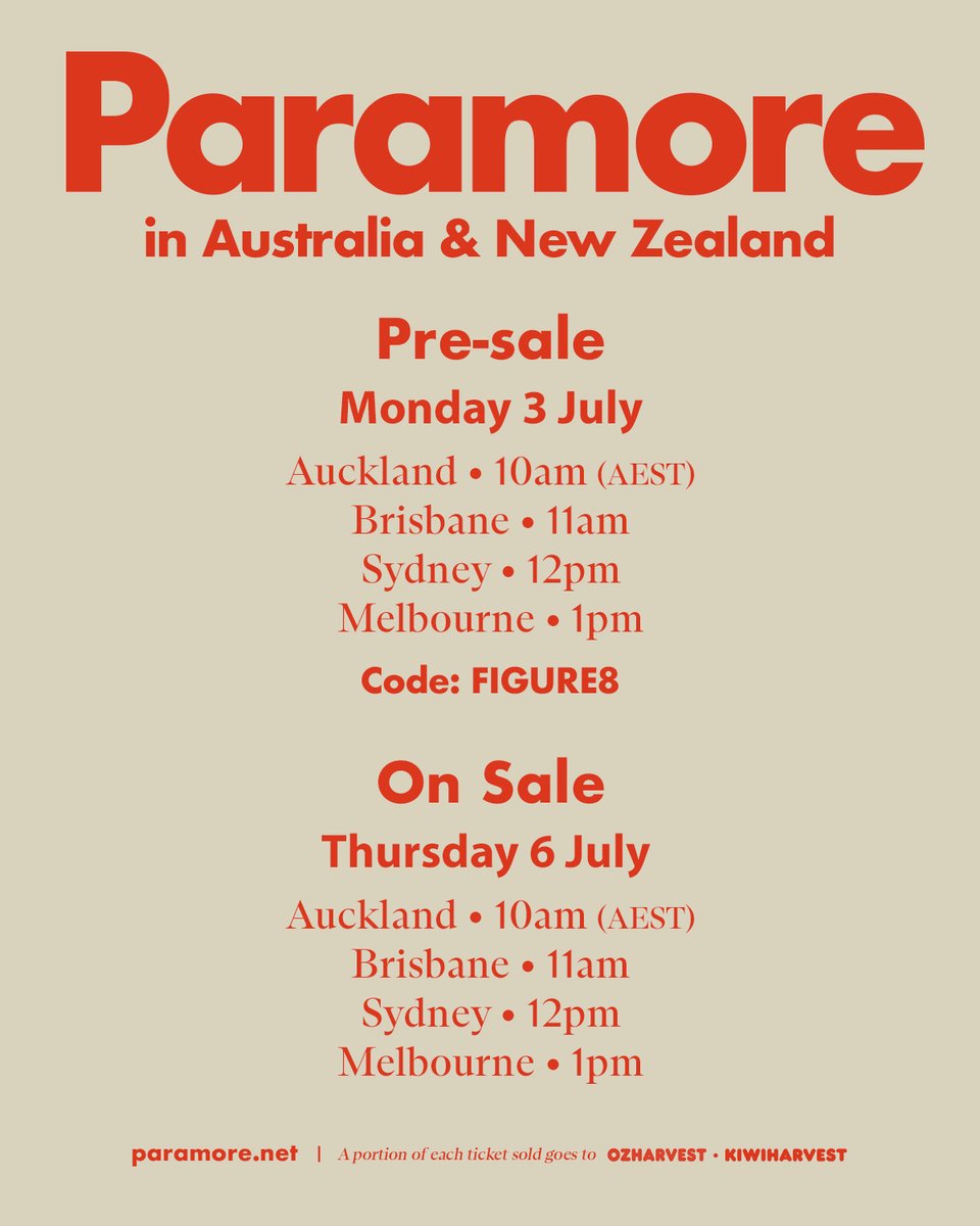 Australia & New Zealand with @RemiWolf. November 2023.

Pre-sale starts Monday, 3 July. Tickets on sale Thursday, 6 July. paramore.net/tour