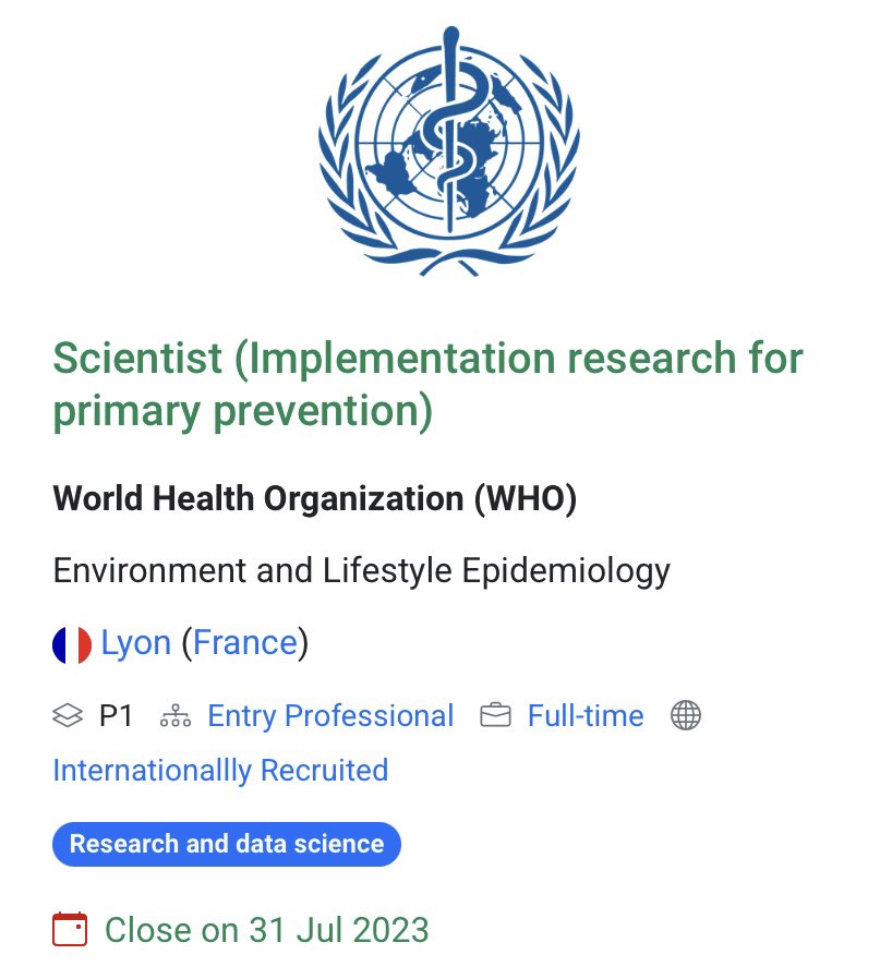 New scientist position at @IARCWHO Environment & Lifestyle Epidemiology Branch within our 🌎 World Code against #Cancer Framework; to assist in setting up implementation research projects in primary prevention of cancer. Apply now: unjobnet.org/jobs/detail/59…