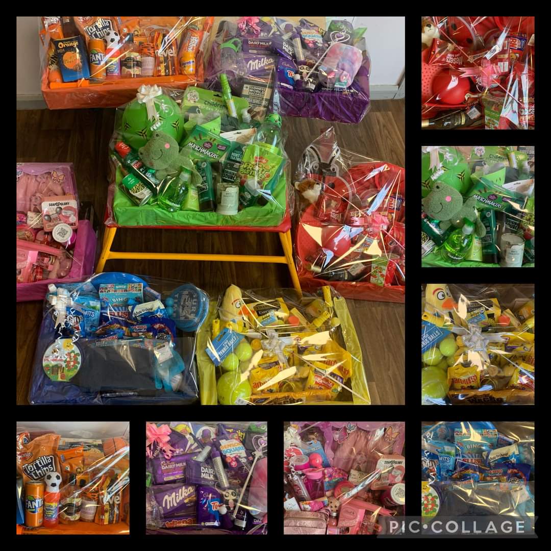 HallPact's tweet photo. Hampers all ready for Show Day,
Tickets will be on sale everyday after school &amp; on show night. 
DON’T FORGET to buy yours so you don’t miss out on one of these amazing hampers!!!!!! https://t.co/atpvoaimTu
