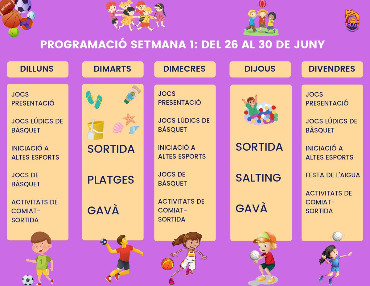 📣 Avui comença una nova edició del nostre casal d'estiu.
Bàsquet i altres esports, activitats lúdiques, sortides i molta molta diversió. 
A la imatge pots consultar el que e farà aquesta setmana.

#cbg #unclubdiferent #happysummer2023