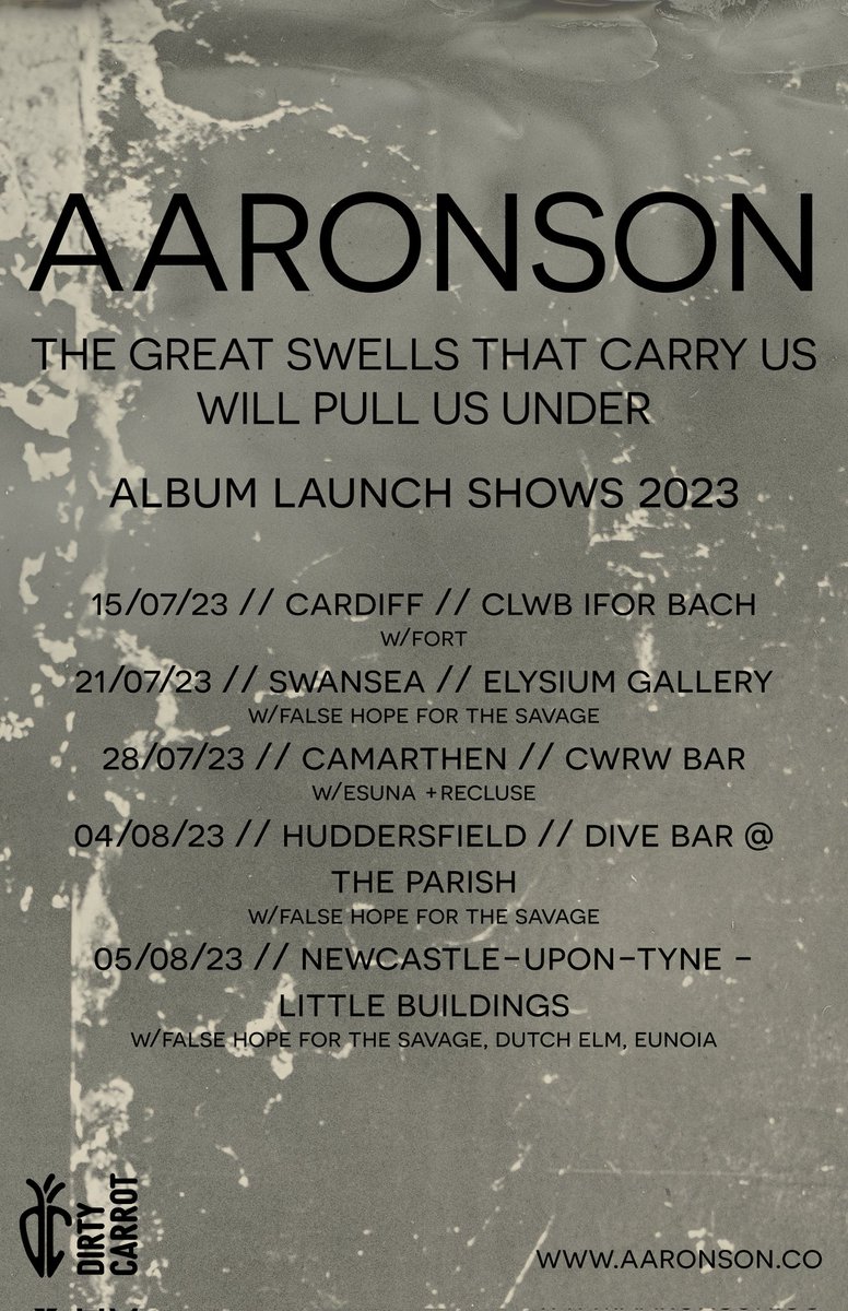 Tick tock

Who's coming to see us this summer?

Ticket links at aaronson.co

#thegreatswellsthatcarryuswillpullusunder #postrock #welshmusic #aaronson 

@dirtycarrotrecs