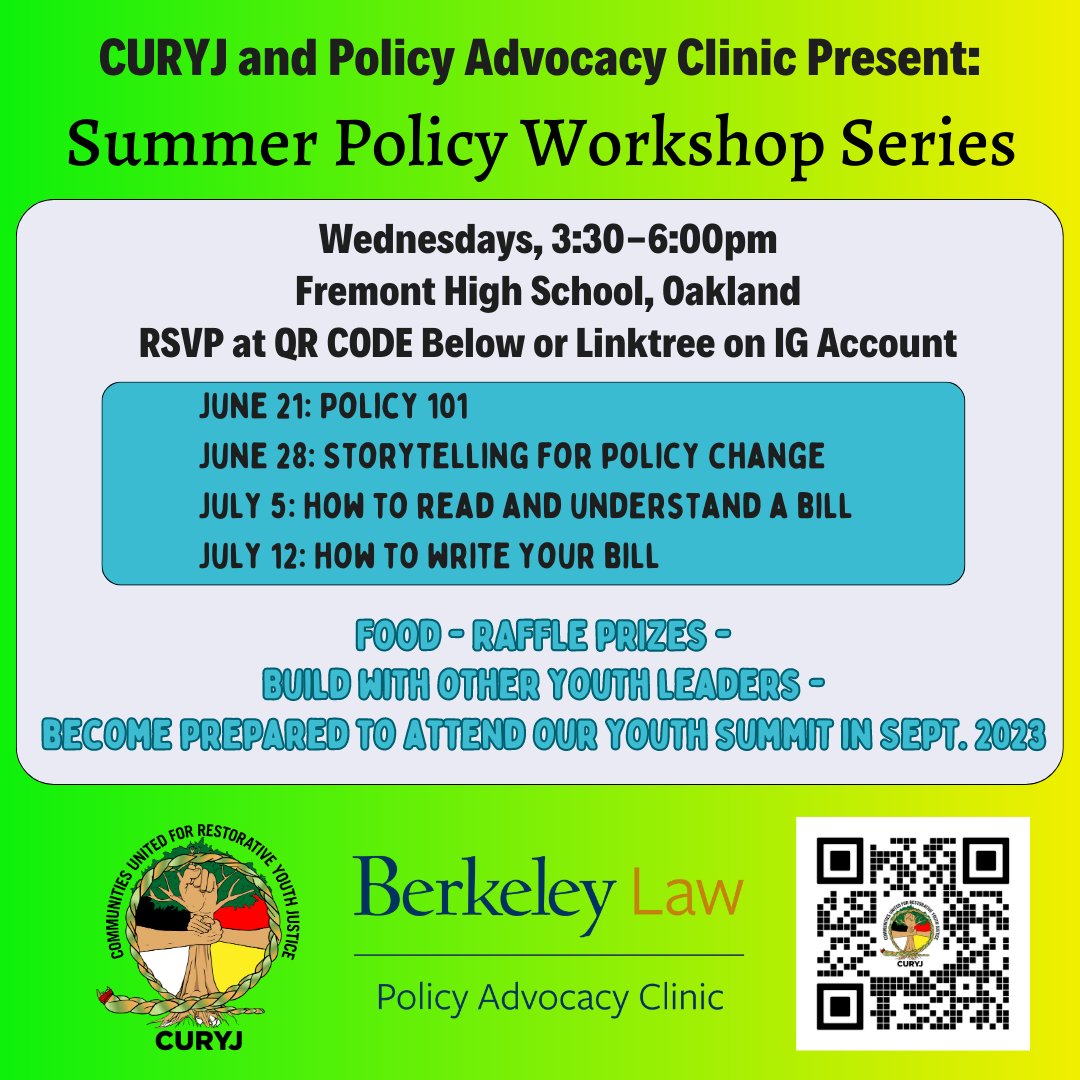 With <a href="/BerkeleyLawPAC/">Berkeley Law PAC</a> we will co-host a policy workshop series for Bay Area youth this summer. This series teaches attendees useful policy skills like storytelling and bill creation. Sign up for the series by scanning the QR code or visiting the link here: bit.ly/summerpolicyse…