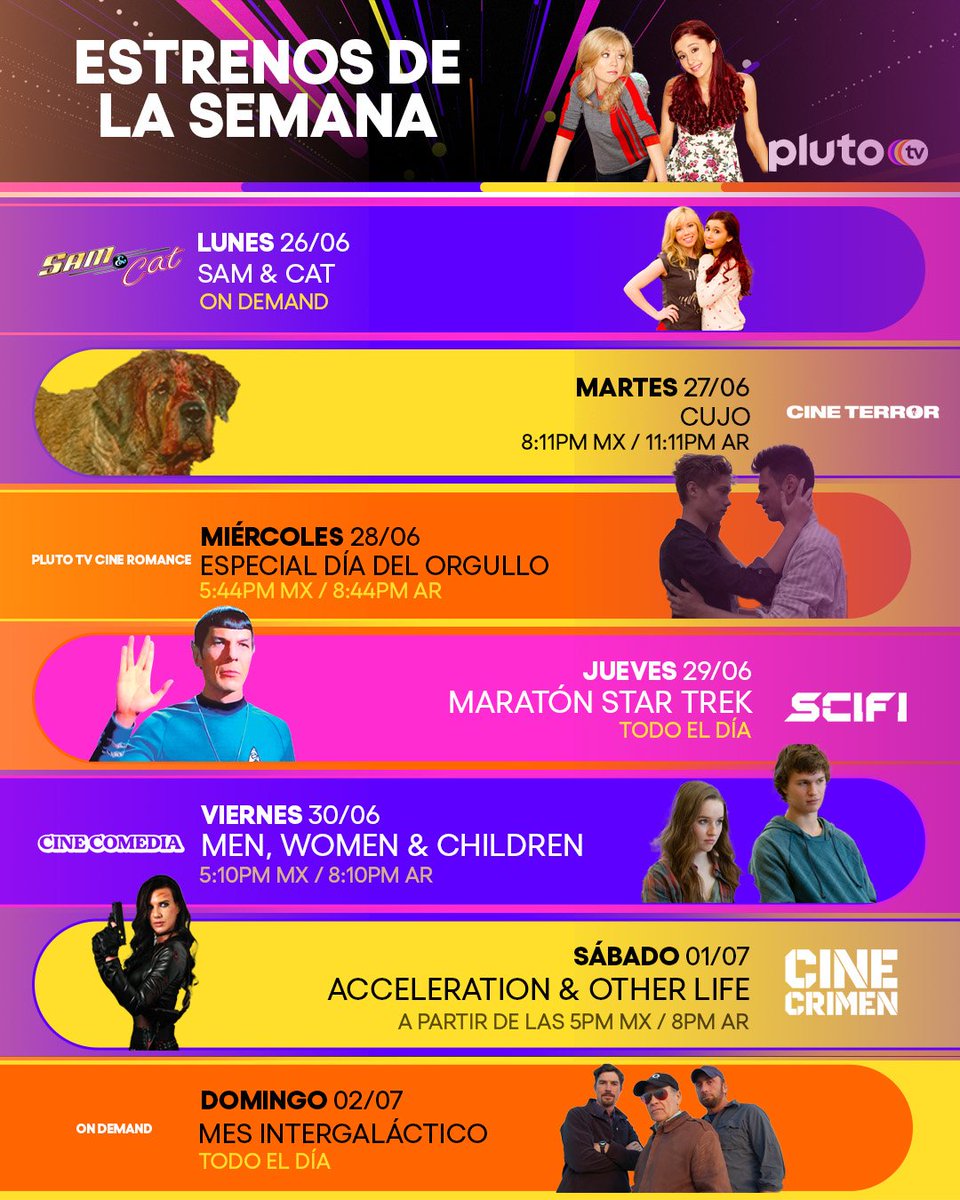 PlutoTVMX's tweet photo. Esta semana tenemos cositas ✨nuevas✨ 
YO personalmente me voy a ver todo #SamYCat 🤩 ¿Ustedes qué van a ver? 

#NovedadesDeLaSemana https://t.co/kcFo7MerHG