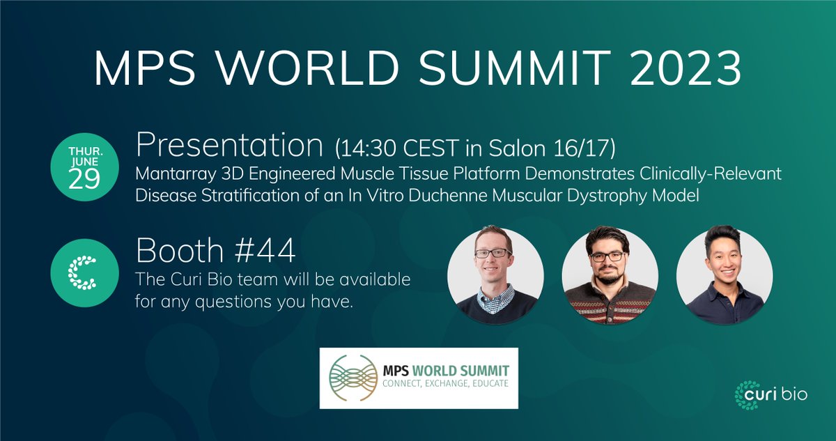 Don't miss your chance to visit with our team in-person in Berlin for #MPSWorldSummit2023. Find #CuriBio team members at Booth #44.

More Details: hubs.ly/Q01VRNs20

#3DTissues #CellCulture #DrugDiscovery #TranslationalResearch #DrugDevelopment #EngineeredTissues #StemCells