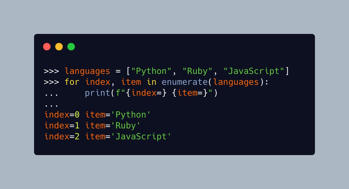 driscollis's tweet photo. #Python's built-in `enumerate()` function is super cool! 🐍😎

Here are a couple of different ways you can use it: https://t.co/xlli8mmMhg