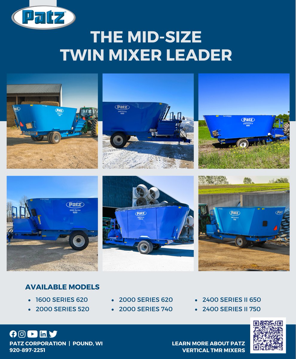 PatzCorp's tweet photo. Patz is the mid-size vertical twin mixer leader with six models available! Featuring the precision-fitted, AR400 component Vortex® or Tru Taper® screw that creates the Patz signature rolling-boil for faster mixing and high-volume feed flow.

💻https://t.co/Z1SvfxL71C

#patzcorp https://t.co/dMUQpVEI1C