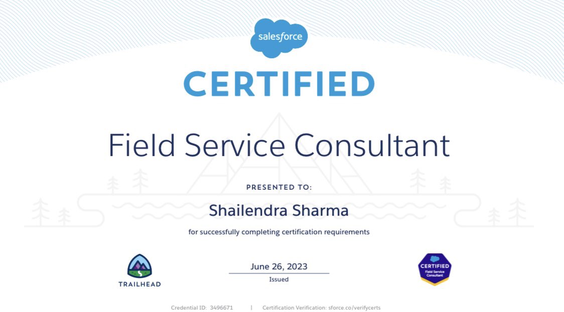 Shailendra Sharma (@shail_sfdc) on Twitter photo Happy to announce that now I am a certifed <a href="/salesforce/">Salesforce</a> Field Service Consultant
Thank you <a href="/trailhead/">Trailhead</a> for all the invaluable learning resources.
<a href="/ServiceCloud/">Salesforce Service Cloud</a>
#salesforcecertified #trailblazercommunity #salesforcepartners #salesforcedays Happy to announce that now I am a certifed <a href="/salesforce/">Salesforce</a> Field Service Consultant
Thank you <a href="/trailhead/">Trailhead</a> for all the invaluable learning resources.
<a href="/ServiceCloud/">Salesforce Service Cloud</a>
#salesforcecertified #trailblazercommunity #salesforcepartners #salesforcedays