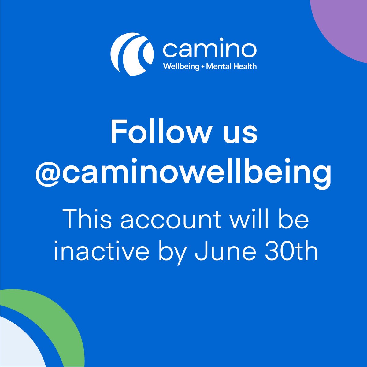 Follow us to <a href="/CaminoWellbeing/">Camino Wellbeing + Mental Health</a> right now so we can stay in touch with you! Keep in the loop with updates, events &amp; supports you can access through our unified organization. We will no longer be posting on this account as of June 30. See you at <a href="/CaminoWellbeing/">Camino Wellbeing + Mental Health</a>!