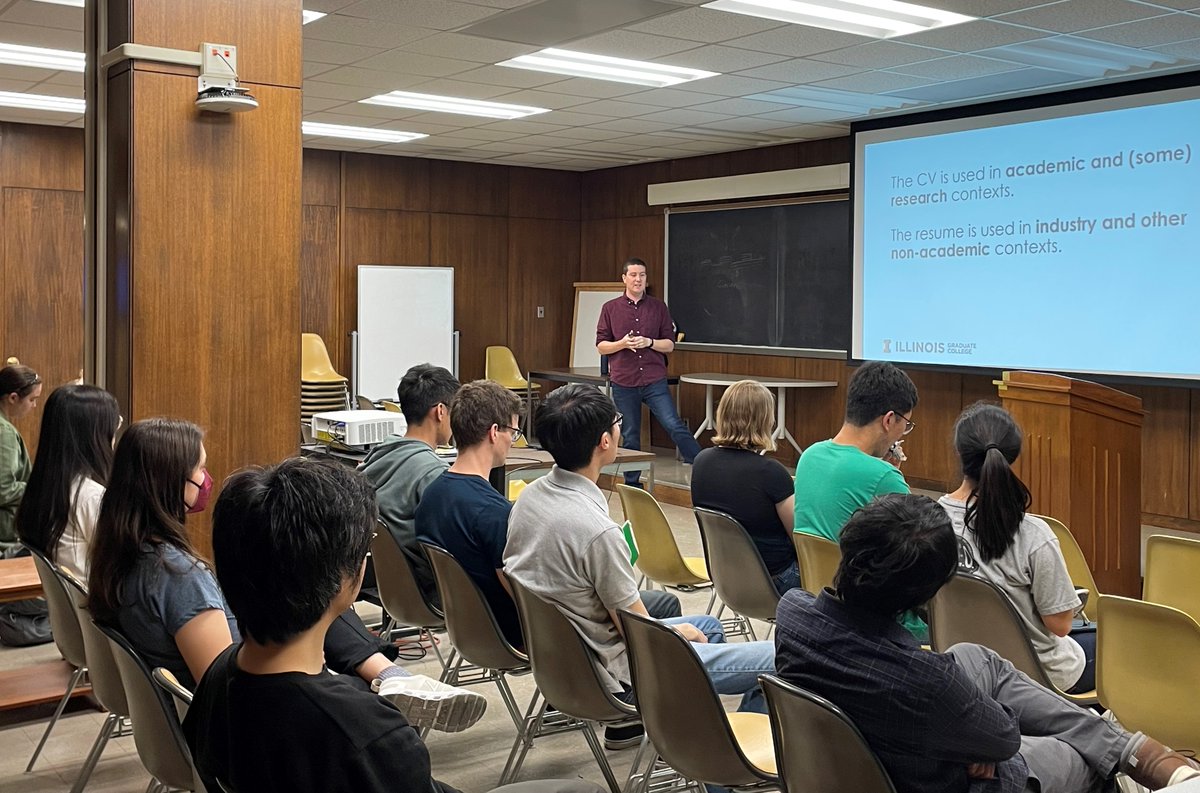 Many thanks to Mike Firmand of <a href="/GradCollegeIL/">Grad College Illinois</a> for coming to <a href="/MRLatIllinois/">MaterialsResearchLab</a> to share with students and postdocs of the MRSEC and MRL about CVs and Resumes!