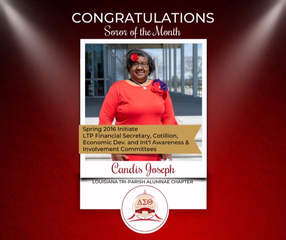 LTPDST's tweet image. LTP Spring 2016 initiate Candis Joseph is being spotlighted as a Soror of the Month. She exemplifies key characteristics of effective leadership and sisterhood, serves as the Financial Secretary, and is a true gem and a valuable asset to the LTP!