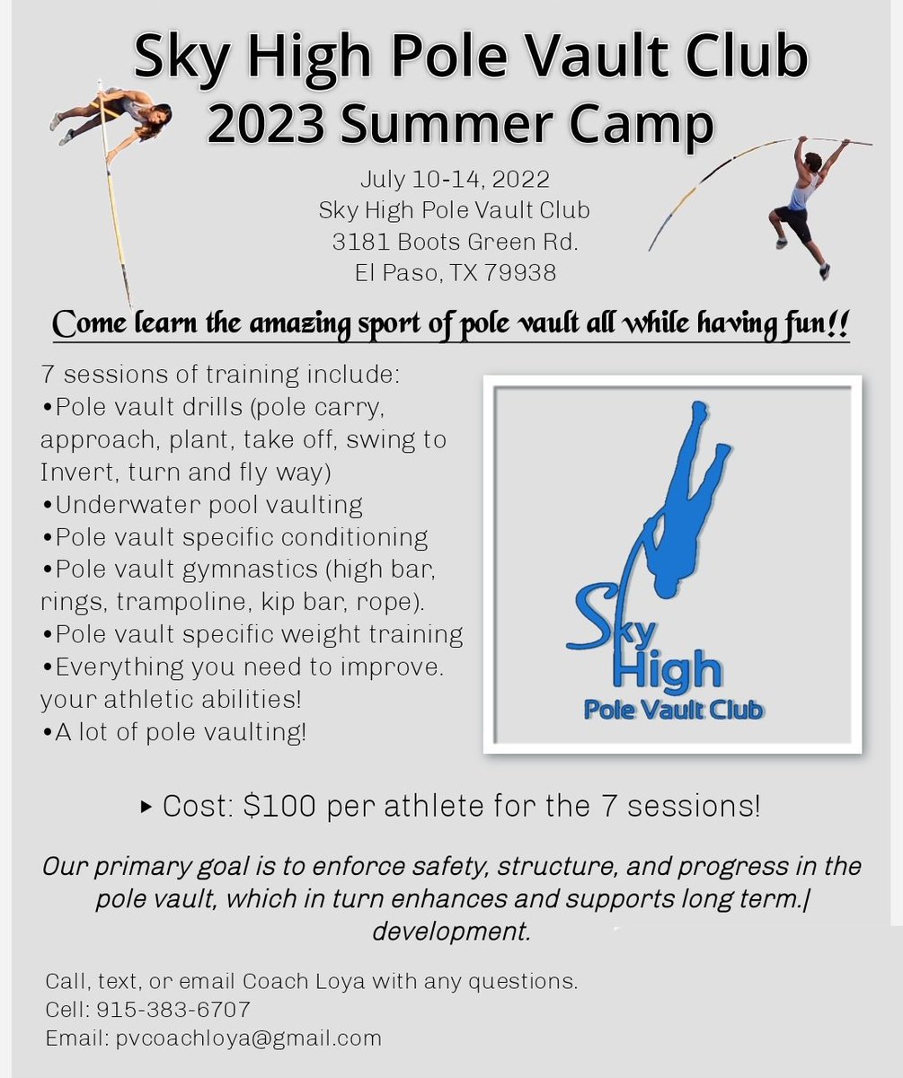 SkyHigh PV Camp coming up very soon! DM for the details! 

#polevault #polevaultclub #polevaulter #polevaultfriends #trackandfield #elpasoathletes #915athletics #extremesports #gymnastics #skyhighpv_club