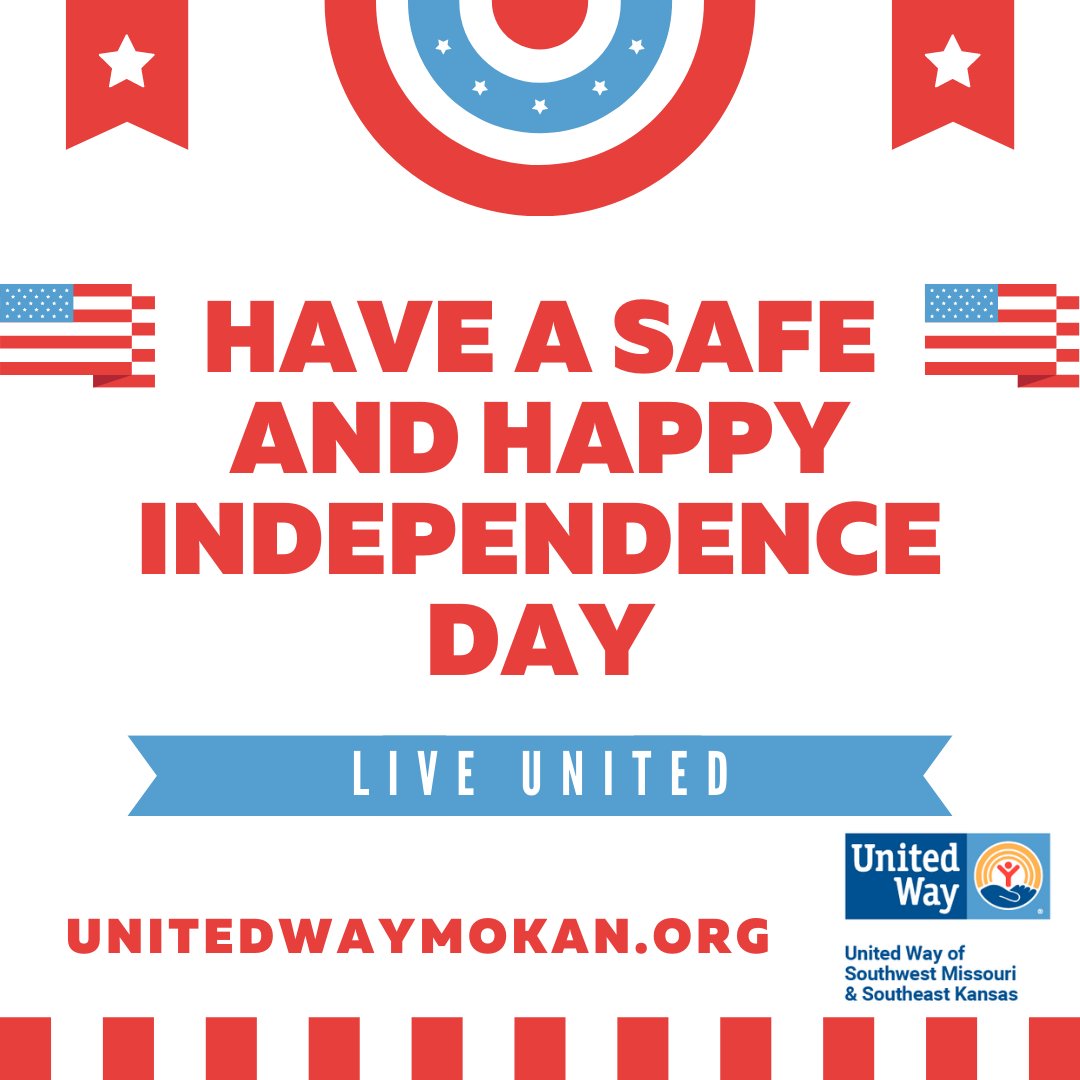 UnitedWayMoKan's tweet photo. Our offices will be closed Monday, July 3 and Tuesday, July 4 in observance of Independence Day. 

Have a safe and happy holiday weekend.
#LiveFree #LIVEUNITED https://t.co/bcta6lNmwI
