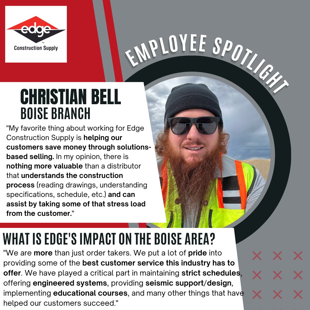 Christian Bell is on this week's EMPLOYEE SPOTLIGHT here at Edge. Christian has been working in the Boise branch for 2 years and has been transformational in our company. We are lucky to have him on our team!

#teamwork #employeeappreciation #construction #familybusiness