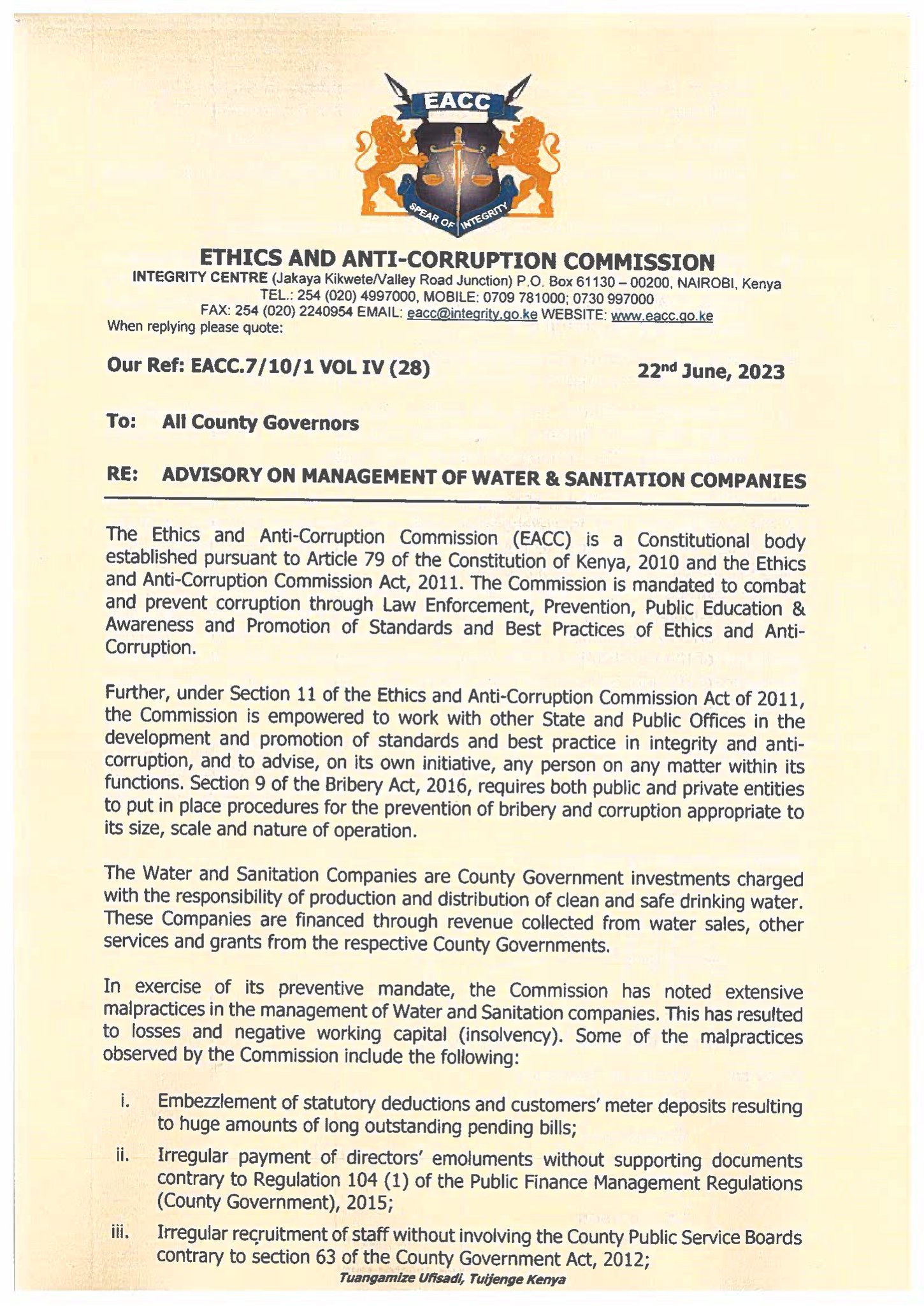 EACC on X: &ldquo;GRAFT IN THE MANAGEMENT OF WATER AND SANITATION 