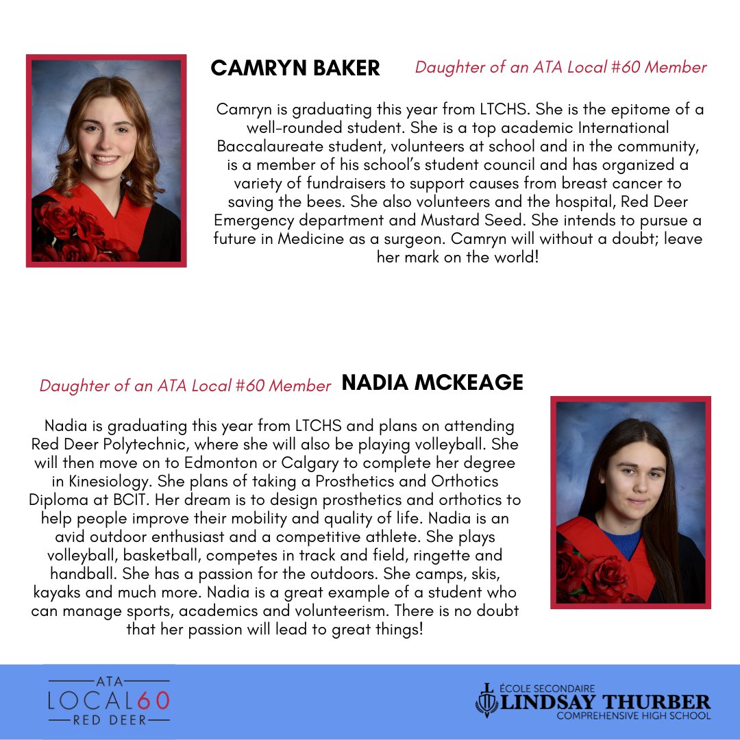 Last week the ATA Local 60 announced the winners of their four 2023 ATA Scholarships. This year all four scholarship recipients are Lindsay Thurber students!
Congratulations Raiders! 👏👏👏