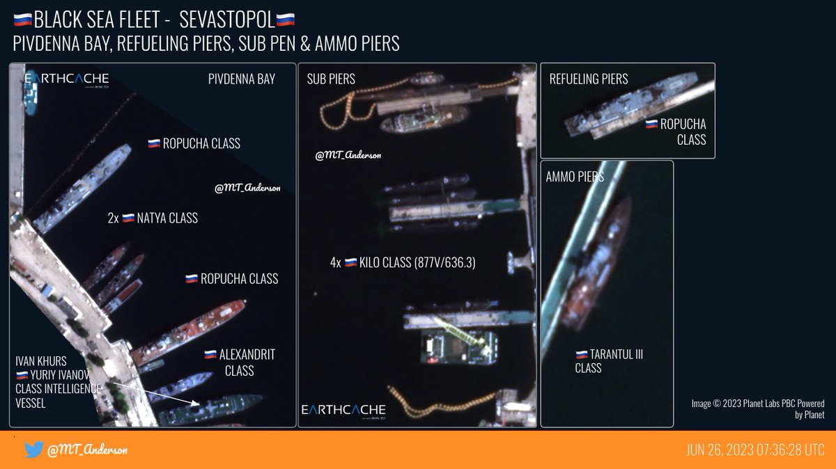 🇷🇺BSF: SEVASTOPOL🇷🇺
0.5M📷 from 26 June 2023. No sign of the Grigorovich Class frigates, the Pr. 21631 Buyan-M corvettes or the Pr. 22160 patrol boats. There are however 4x KILO Class (Pr. 877V / 636.3) subs with the boom open and a floating crane appearing to load one of them.