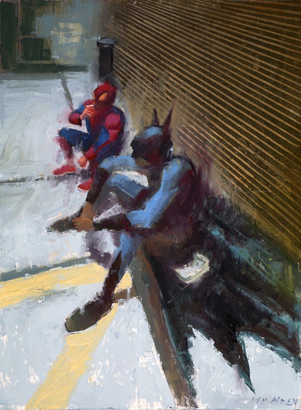 RT @batmancurated: feeling like this william wray painting of spider-man and batman today https://t.co/MRJu6z2H6u