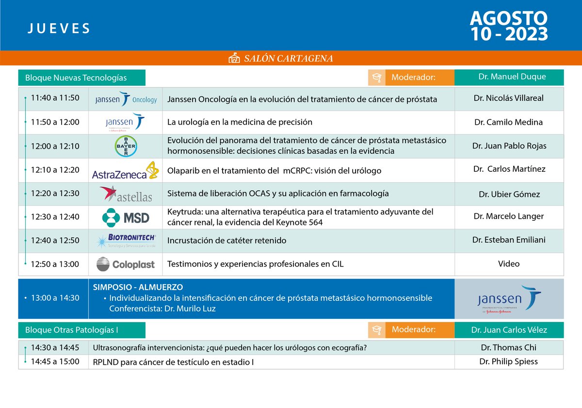 Apreciados colegas, 

Tenemos el gusto de presentarles el programa oficial de nuestro LVIII CONGRESO COLOMBIANO DE UROLOGÍA 2023.

Se realizará en la ciudad de Cartagena,  en el centro de convenciones Julio César Turbay Ayala los días:

Programa completo: acortar.link/VkXuUF