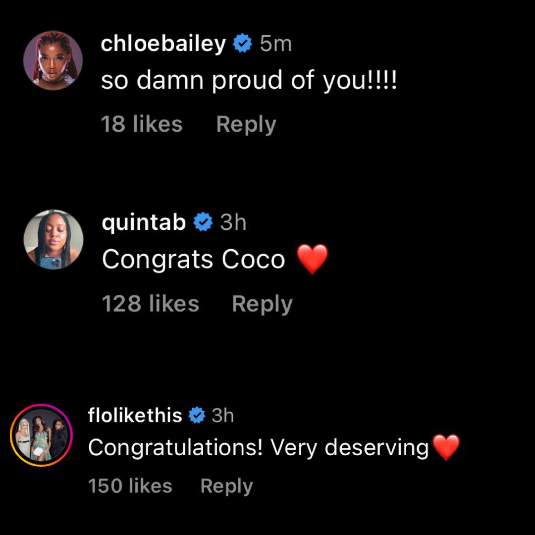 Chloe Bailey, Quinta Brunson, and Flo left congratulatory comments on Coco Jones’ Instagram post announcing her win at the BET Awards. 🤍