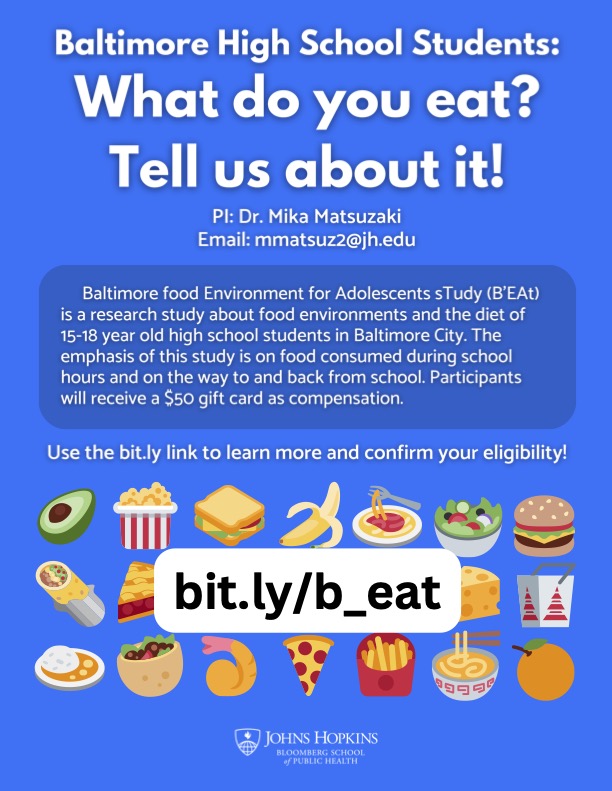The <a href="/JohnsHopkinsSPH/">Johns Hopkins Bloomberg School of Public Health</a> is conducting a study about food environments for teens in Baltimore City. Learn more at: bit.ly/b_eat!  

#bloombergschoolofpublichealth #johnshopkins #publichealth #foodenvironment #baltimorecity #baltimore #baltimoreyouth