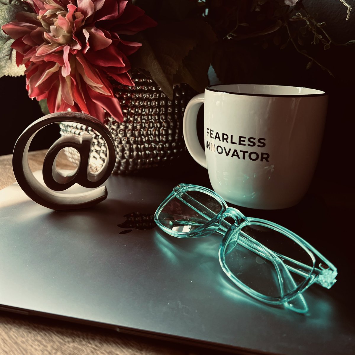The @ symbol has traveled with me to every office I’ve ever worked at over the past 2 decades. The mug is a reminder of where I’m going and what’s needed to get there. The glasses. Those are new. For a new venture. One I am eager to share with you soon☺️ #partnership #comingsoon