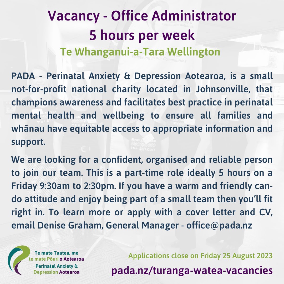We are hiring! Office Administrator Needed!

Contact us today: Send your cover letter and CV to Denise Graham, General Manager at Office@pada.nz.

#hiring #dogoodjobs #perinatalmentalhealth #mentalhealthmatters