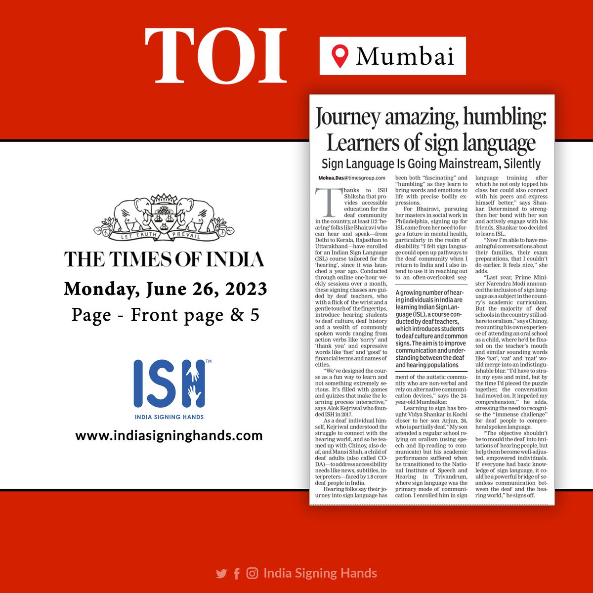 isigninghands's tweet photo. .@timesofindia Recognizes the Empowering Influence of Indian Sign Language (ISL)! 📰✨
We are honoured to be featured in this prestigious publication, shedding light on the transformative power of ISL in fostering effective communication. 

#TOI #ISHNews #DeafIndia #SignLanguage https://t.co/uNN8Wal3la