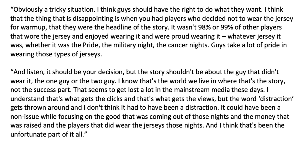 Steven Stamkos of the <a href="/TBLightning/">Tampa Bay Lightning</a> was asked about the NHL banning players from wearing speciality jerseys during pregame skates, and gave an insightful answer, as he does.