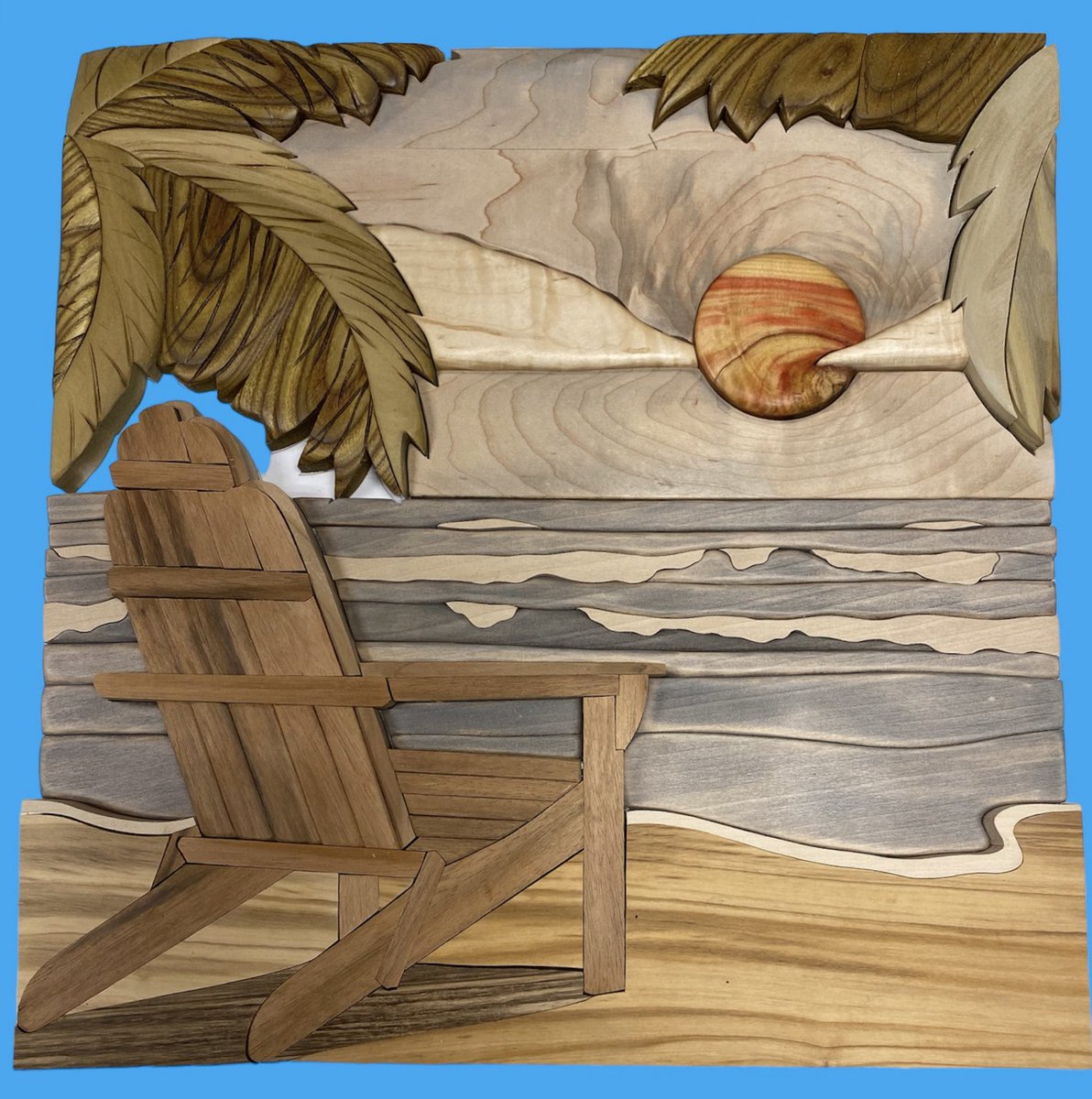 Art_Intarsia's tweet photo. Seaside Serenity is almost all cut.
I love everything except the sky still does not sit right with me.
I will ignore it for now and finish all the rest &amp; work on the overall depth next &amp; final samd everything.
All woods are natural colours seen here. https://t.co/wg8N1PfMuI