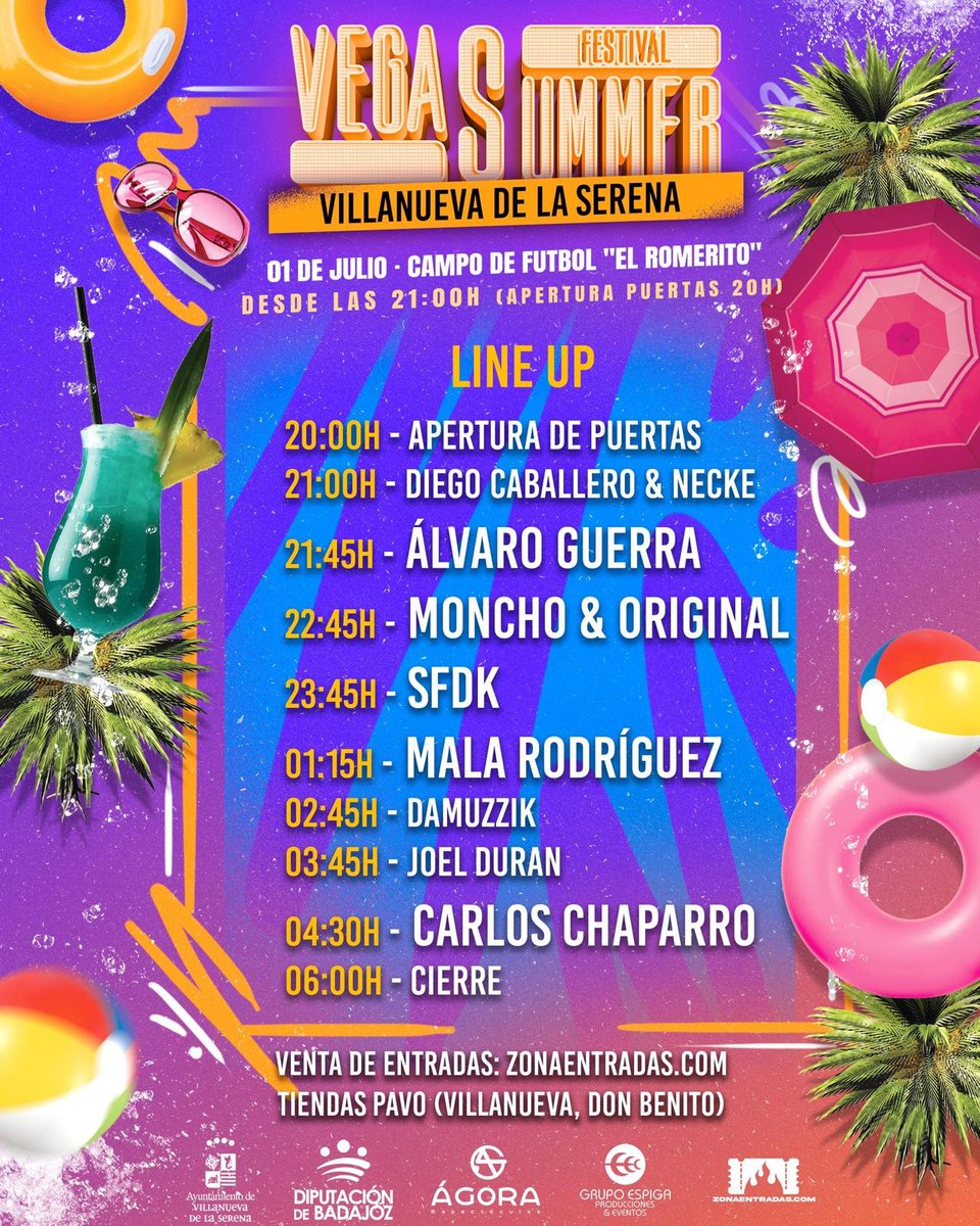 ÚLTIMAS ENTRADAS 👇 🔹ZONAENTRADAS.COM
🔹TIENDAS PAVO (VILLANUEVA Y DON BENITO)
_______________
🔺9 HORAS DE MÚSICA
🔺GRAN DESPLIEGUE AUDIOVISUAL 
🔺GRAN ESCENARIO CUBIERTO
🔺RECINTO DE CÉSPED NATURAL
🔺FOOD TRUCKS 
🚦Patrocina <a href="/DipdeBadajoz/">Diputación de Badajoz</a> y <a href="/aytovvaserena/">Ayuntamiento de Villanueva de la Serena (Badajoz)</a> 👈