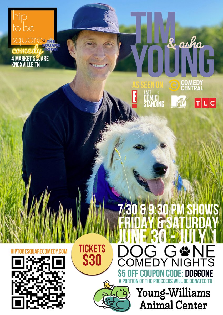 h2bscomedy's tweet photo. Hip To Be Square Comedy presents Last Comic Standing's Tim Young Makes His Debut in Knoxville at Hip To Be Square Comedy! and Tim Young's dog Asha.
Use the coupon code: DOGGONE and get $5 off your online ticket and a portion of the proceeds goes directly to YWAC. https://t.co/lTienYzGd4