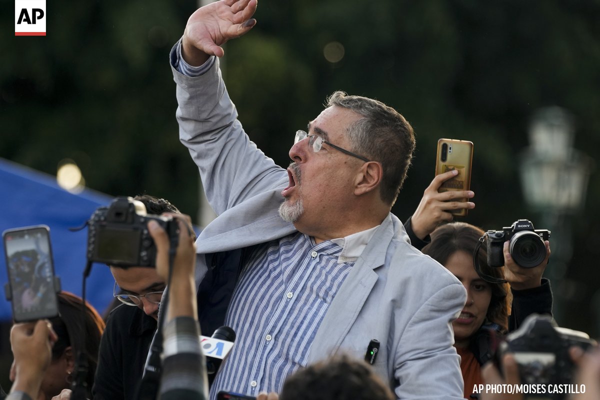 Presidential candidate Bernardo Arevalo of the Semilla party celebrates with supporters in Guatemala City, Monday, June 26, 2023. Arevalo and former first lady Sandra Torres of the UNE party are going to an Aug. 20 presidential runoff.