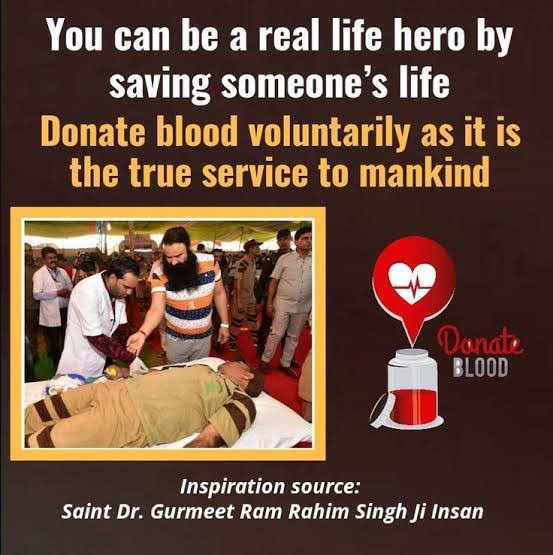 BLOOD DONATION IS AN ACT OF HEROISM, AND SAINT DR MSG HAS THE VISION THAT NO ONE SHOULD DIE DUE TO SHORTAGE OF BLOOD.
MILLIONS OF DERA SACHA SAUDA VOLUNTEERS DONATE BLOOD WORLDWIDE AND HELP THE THALASSEMIA PATIENTS
#SaveLives 
@Gurmeetramrahim 
#DeraSachaSauda