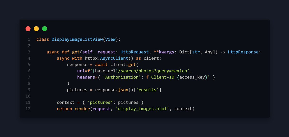 itsarreguin's tweet image. Ejemplo de Async Class-based view en Django:
Obtener imágenes desde la API de Unsplash.
.
.

#python #django #asyncio