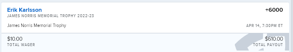 BANGGGGGGGGGGGGG 🚀💰

CASHHH the largest future bet ive ever hit! Erik Karlsson for the Norris at +6000. 

A +60u win, which caps our 22/23 NHL season at +320u and my @BTBSupport record since Aug 1st OVER +400u. 

Unreal hit! Thank you EK and send me those tickets!

#NHLPicks