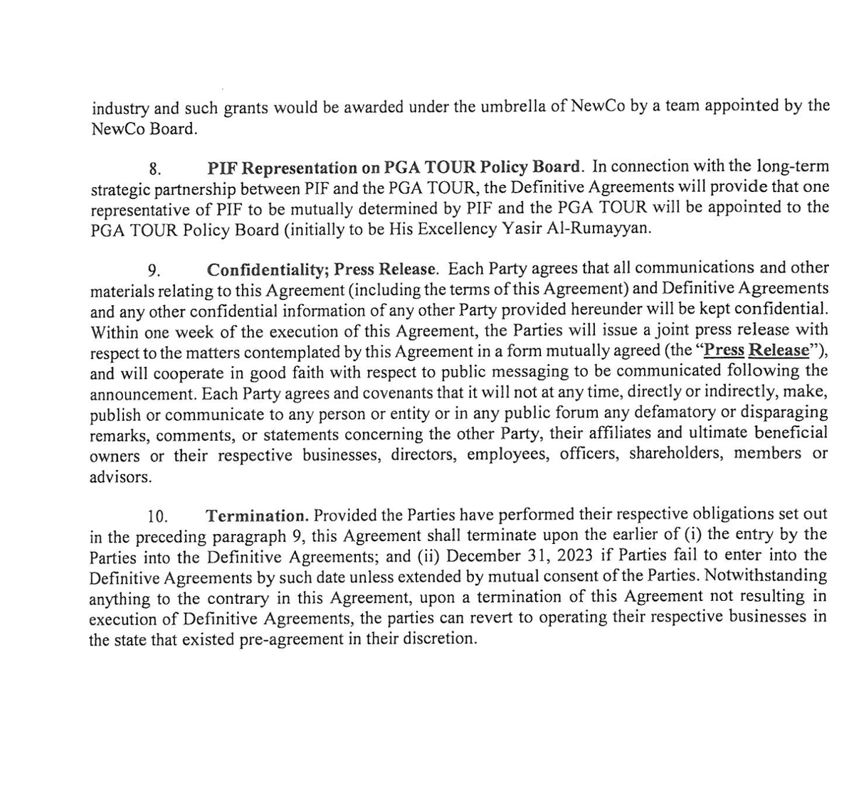 The framework agreement between the PGA Tour, DP World Tour, and PIF.