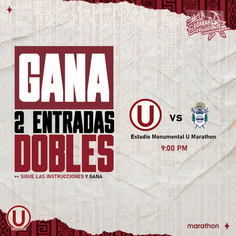 𝐒𝐎𝐑𝐓𝐄𝐎🎟
   
Te llevamos al Monumental U Marathon para este importantísimo partido.

¿Cómo? 
-Sigue esta cuenta. 
-Etiqueta a tu acompañante. 
-RT. 

¡Mañana daremos los/las ganadores!
#LaGarraEvoluciona #UniversitarioeSports #ConLaUHastaElFinal