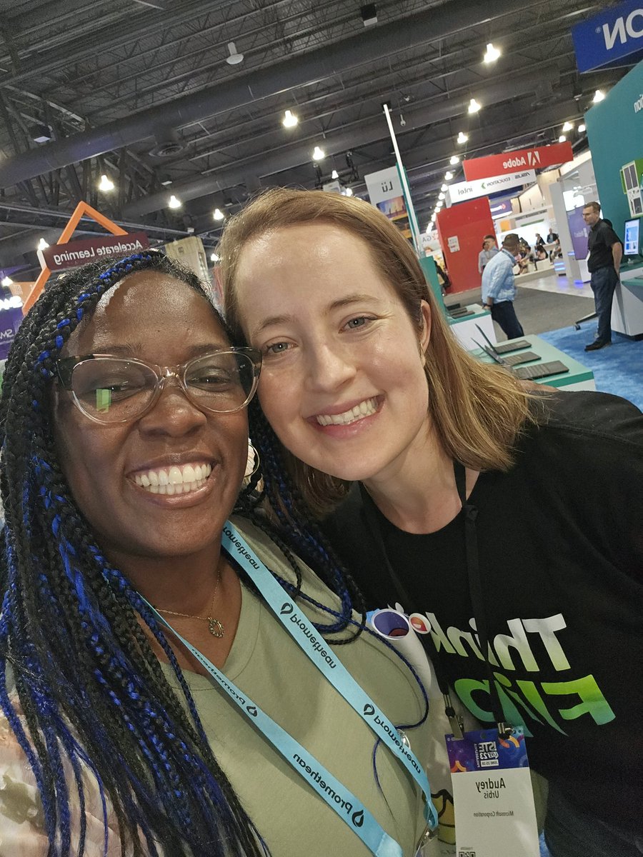 ladylanguage411's tweet photo. All smiles in the Expo Hall! I'm missing a tag! Please help find my #MIEE BOOM pal and Aubrey.💥 @TraceyRowley2 @mrsjones72812 @Nieb77 #MicrosoftEDU #ISTELive https://t.co/TvDZDe98jE