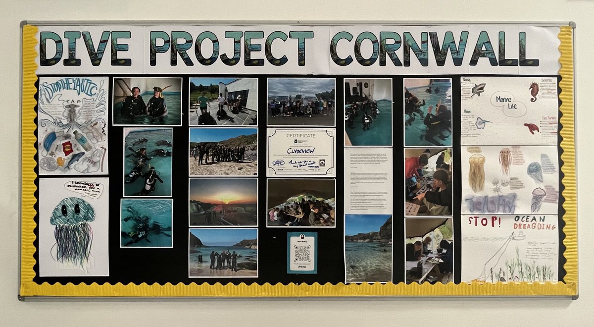 Clydeview_Art's tweet image. Our Dive Project Cornwall group have been visiting assemblies sharing their experiences of DPC with their peers. Our display is ready and can be viewed outside the library. Use the QR codes to take you to Miss McKay’s TikTok’s ⁦@clydeview_a⁩  #diveprojectcornwall