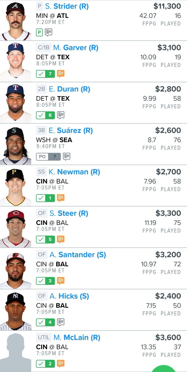 Here it is ladies and gentlemen!

Today's MLB main slate!

Let's hope Strider remembers how elite he is on this small slate!

#GamblingTwitter 
#Fanduel 
#MLB 
#DFS