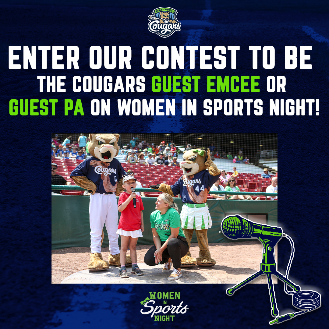 We are looking for one female co-PA announcer and one female co-emcee for June 30. To enter the contest, please submit a video to pr@kanecountycougars.com stating your name, age, why women’s sports are important to you, and two questions you would ask Chicago Sky’s, Allie Quigley