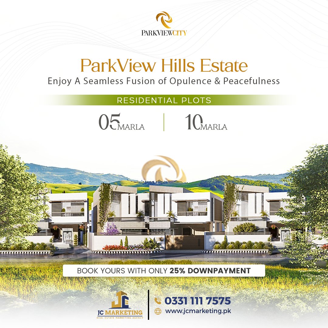 Let’s find your own piece of heaven at ParkView City Islamabad’s Hills Estate Block! Our Five and Ten Marla residential spaces are perfect place to construct your dream home, and they're available on easy installments.

#ParkViewCity #Islamabad #DreamHome #JCMarketing #Investment