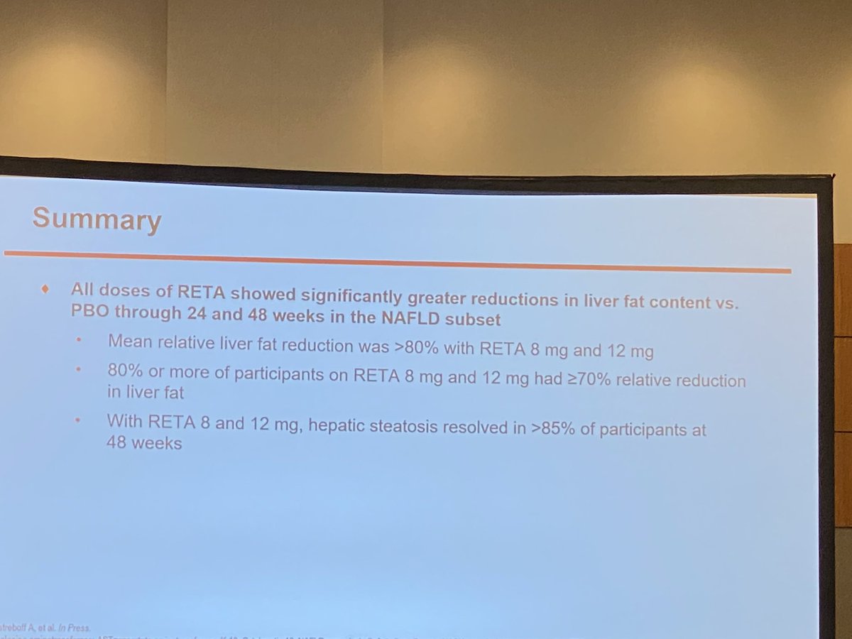 AmirMoheet's tweet photo. Retatrutide in #NAFLD #ADA2023 phase 2 sub study data presented by Dr. Arun Sanyal. With RETA 8 and 12 mg, hepatic steatosis resolved in >85% of participants at 48 weeks. https://t.co/PT59IWKxgW