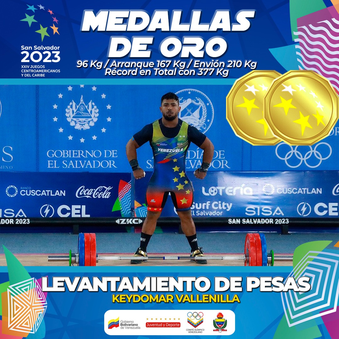 mindeporte_ve's tweet photo. DOBLE MEDALLA DORADA 🥇Y NUEVO RÉCORD 

El subcampeón olímpico Keydomar Vallenilla se lleva doble presea dorada🥇 con un arranque de 167kg, un envión de 210kg para un total de 377kg 🏋️‍♀️ marcando nuevo  récord con el resultado total. 

¡Felicidades hermano!

#SanSalvador2023 https://t.co/gAGD4hZqBL